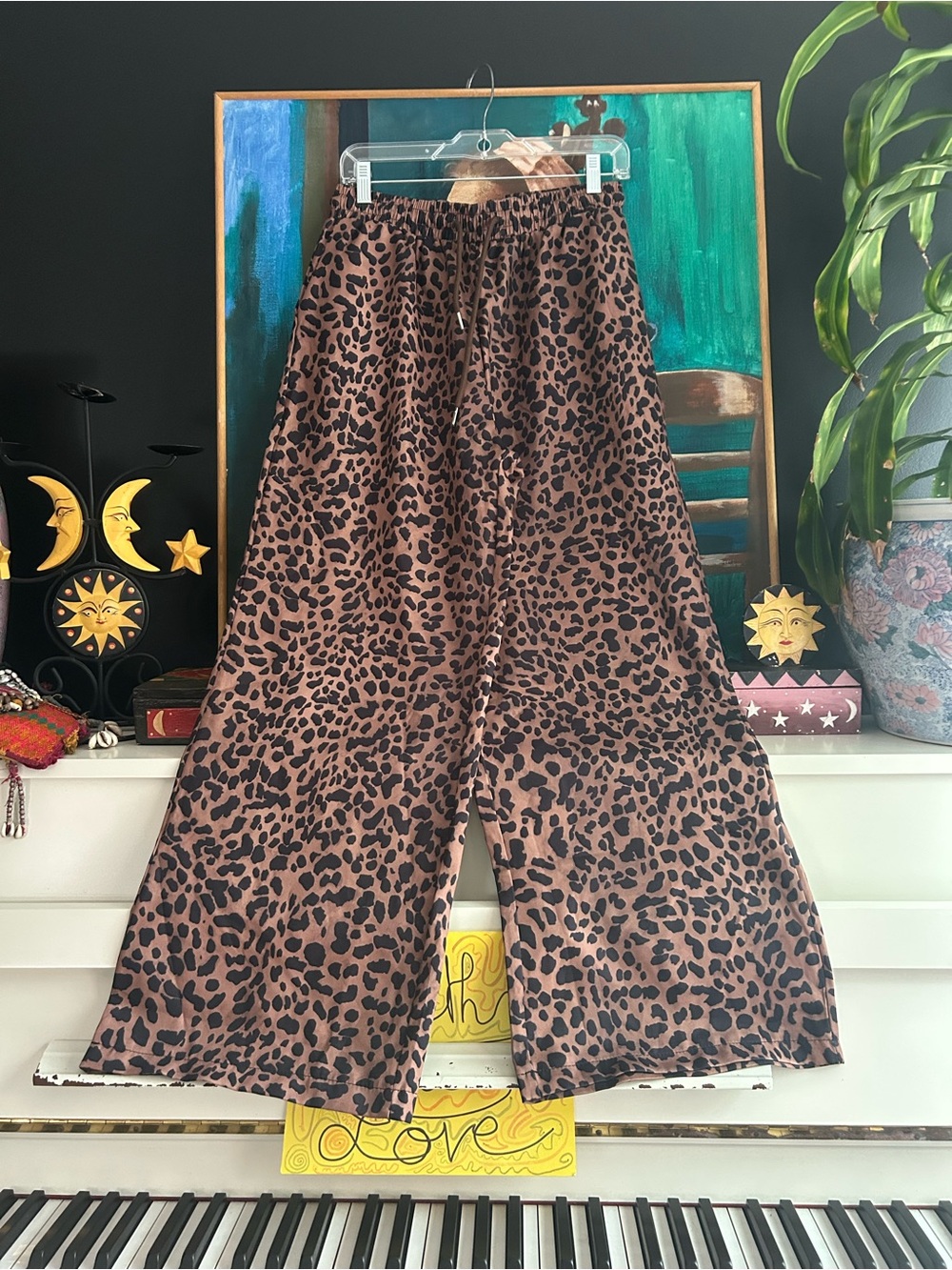 Leopard Print Wide Leg Palazzo Pants Elastic Waist Lounge Boho Women’s Large - Picture 15 of 15